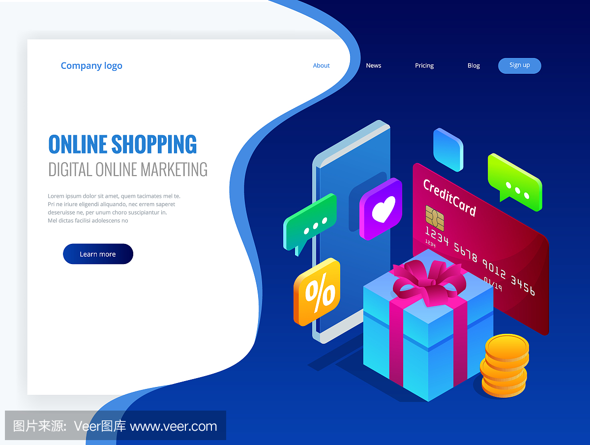 等距網(wǎng)上購物概念。數(shù)字網(wǎng)絡(luò)營銷商業(yè)銷售概念。最好的禮物。矢量圖